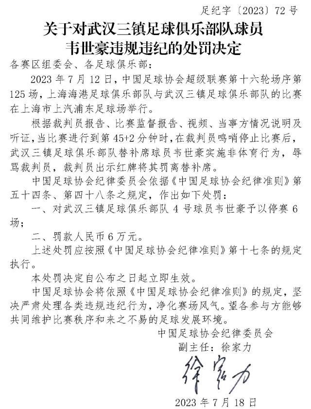 开云体育官网-足协公布对韦世豪处罚结果：停赛6场+罚款6万元！